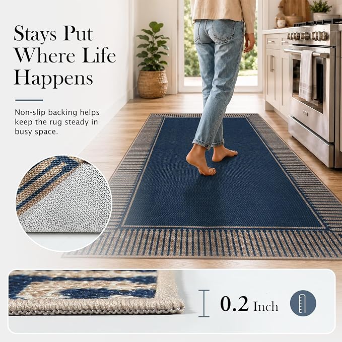 Moynesa Easy Jute Outdoor 8x10 Rug, Blue Striped Border Washable Indoor Outdoor Patio Area Rugs, Farmhouse Neutral Non Slip Carpets for Living Room Bedroom Backyard Home Decor