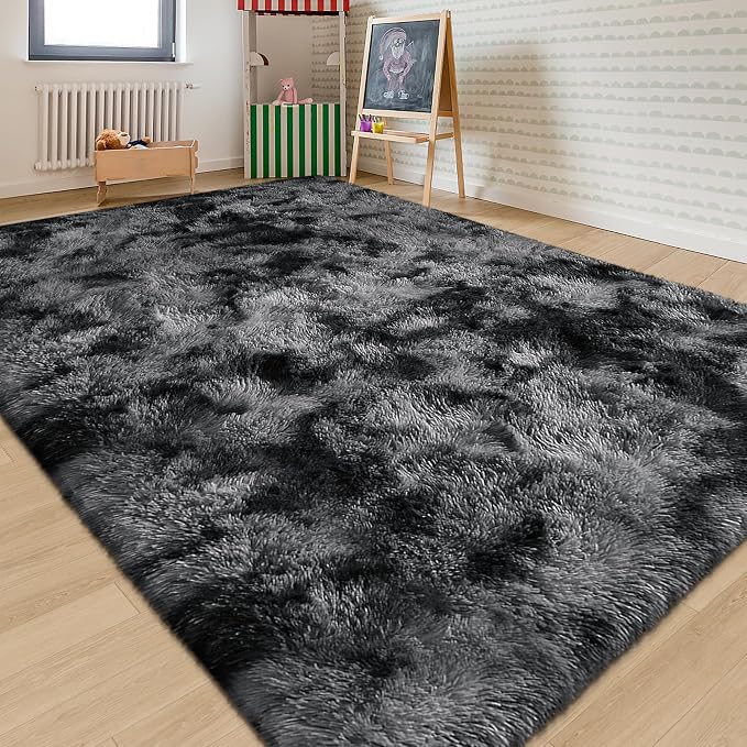 Plush 8x10 Area Rug for Living Room, Tie-Dyed Dark Grey Black 8x10 Shag Rug for Bedroom Bedside Fuzzy Carpet Big Furry Soft Fluffy Rug for Kids Girls Boys Room Baby Nursery Dorm