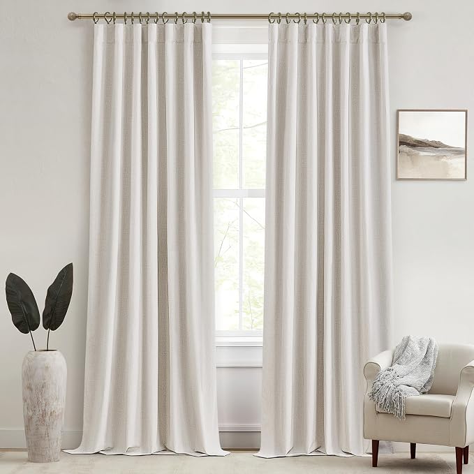 QJmydeco 132 Inch Curtains Extra Long Living Room for Large Window 11 FT Length 2 Panels, Blackout Room Darkening Linen Back Tab Pleated Traverse Curtain for Track Ceiling Mount with Hooks Rings