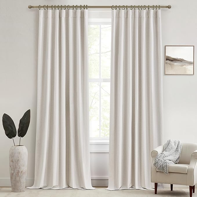 100 Percent Blackout Sliding Glass Door Curtains 120 Inches Long 2 Panels, 10 Foot Theater Floor to Ceiling Track Drape Linen Drop Cloth Traverse Curtains Farmhouse Natural Beige (Hook,Rings Include)