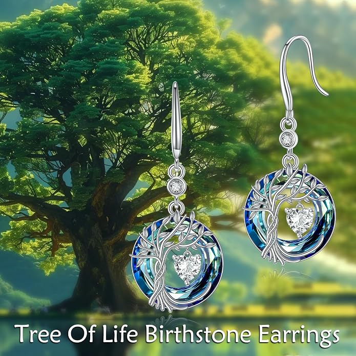 POPLYKE Tree of Life Birthstone Earrings 925 Sterling Silver Dainty Gemstone Birthstone Dangle Drop Earring with Crystal Fine Jewelry Birthday Gifts for Women Her