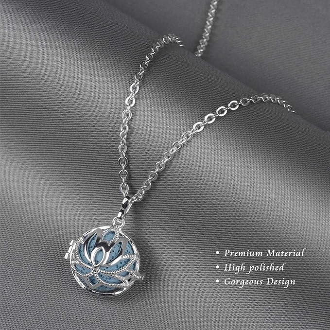 INFUSEU Essential Oil Necklace Lotus Flower Aromatherapy Pendant Scent Diffuser Anxiety Jewelry Spiritual Meditation Gifts Stash Lava Rock Stone Holder Cage