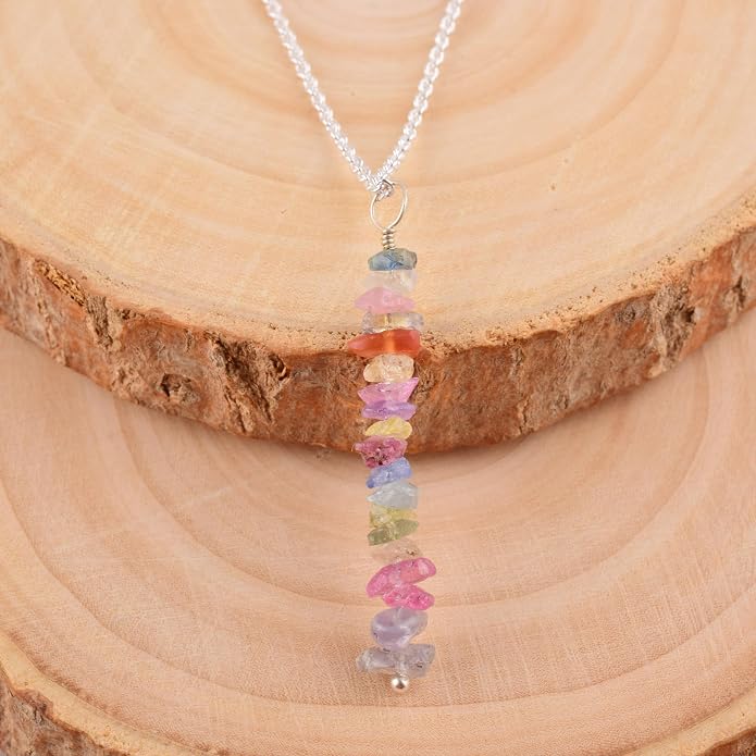 Natural Raw Multi Sapphire Stone Rough Crystal Gemstone Dainty Women Pendant Necklace, Chakra Healing Crystals, Birthstone, Gift, 925 Sterling Silver Chain 18 inch (multi-sapphire)
