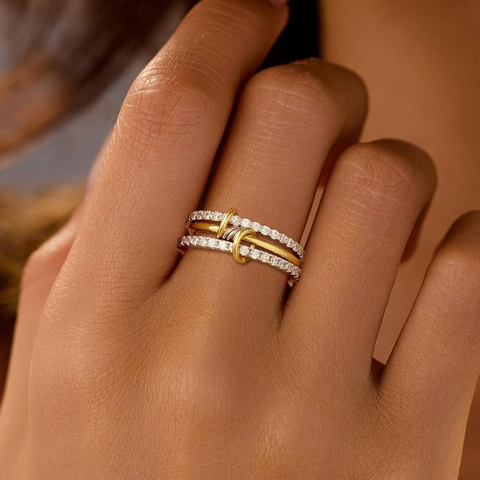 925 Sterling Silver Interlocked Spinelli Ring Stackable Rings for Women Men Non Tarnish Dainty 14K Gold Plated Chunky Rings Two Tone Cubic Zirconia Ring 3 Finger Ring Knuckle Pinky Ring Set Jewelry Gift
