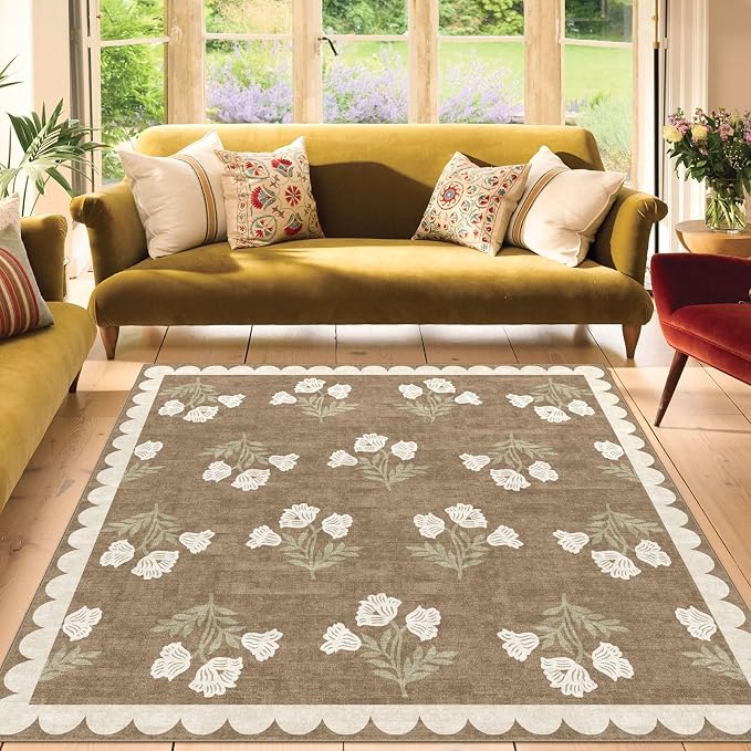 Tan Square Rug 5ft - Soft Washable Boho Farmhouse Bedroom Rug Non Slip 5x5 Stain Resistant Cottage Neutral Scalloped Area Rugs for Living Room Entryway Kitchen Dining Room Bathroom Nursery