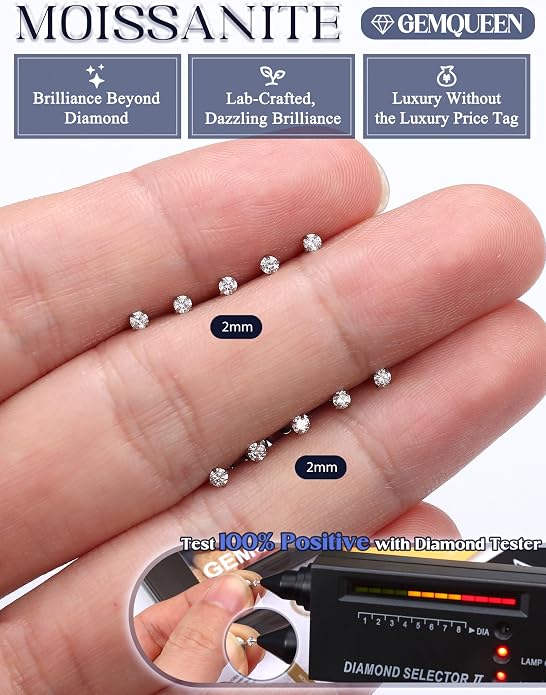 GEMQUEEN 6 Pairs 2-7mm Moissanite Earrings Studs 14K Gold Plated Stainless Steel Flat Back Earring for Women Men - Hypoallergenic Cartilage Helix Piercing Jewelry Brilliant Round Cut D Color VVS1 5.97CT