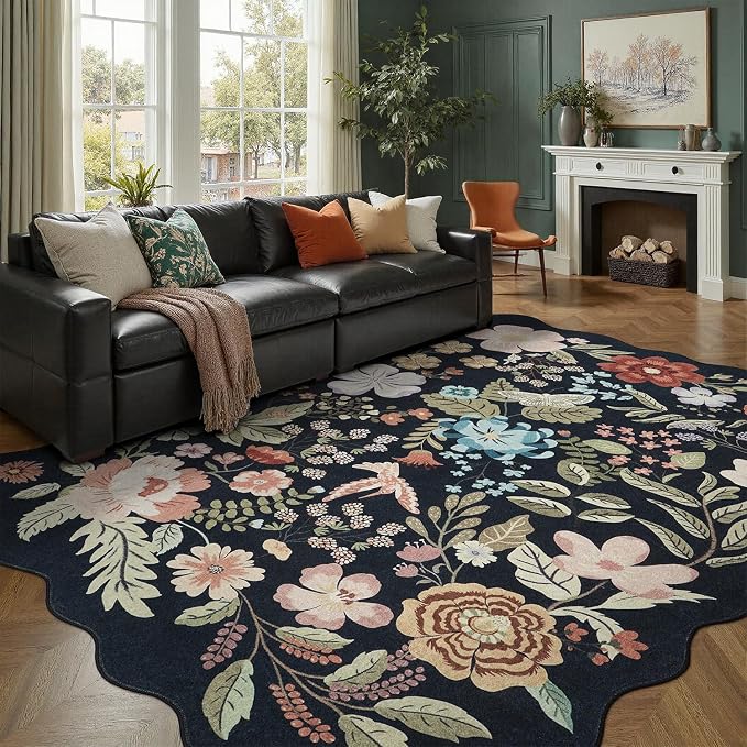 DCX Vintage Floral Rug 6x9, Washable Black Rug for Living Room, Kid & Pet Friendly with Rubber Back Non Slip, Soft Low Pile Carpet, Stain Resistant Rug for Bedroom, Nursery, Dining Room