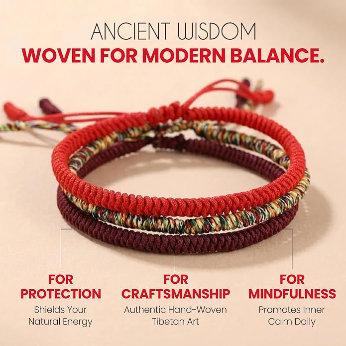Buddha & Karma Tibetan Lucky Rope Bracelets - Handmade Rope Bracelet with Endless Knot for Mindfulness- Protection Bracelets with Lava Stone Beads to Balance Energy - Adjustable Bracelet for Men & Women
