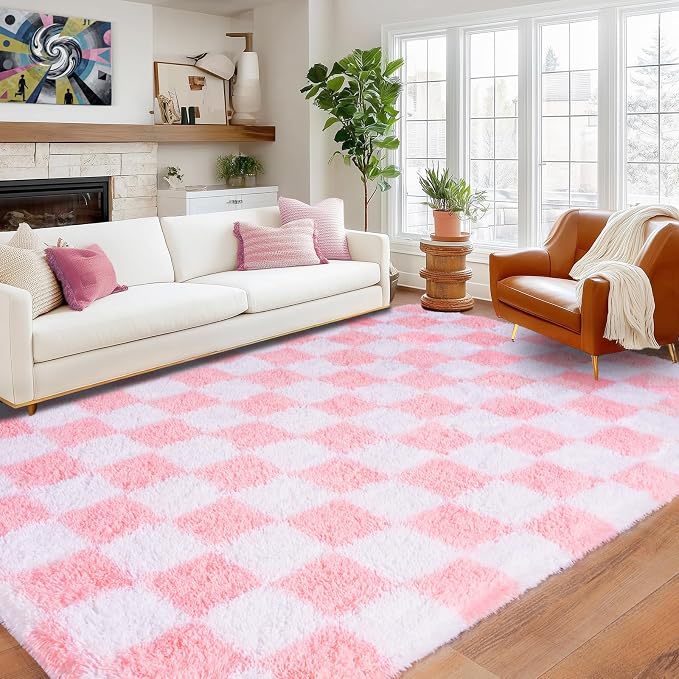 Pionblank 9x12 Area Rug, Large Fluffy Checkered Rugs for Living Room, Shag Rug for Bedroom, Soft Non Slip Shag Carpet for Kids Room Nursery Home Decor, Pink and White