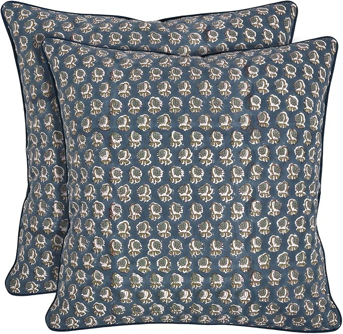 Ridhi Block Print Peacock Blue Pillow Cover 20" x 20" (Pack of 2) Decorative Couch Pillows for Living Room, Farmhouse Chic Boho Cute Outdoor Pillows Covers Gifts for Spring, Mother's Day