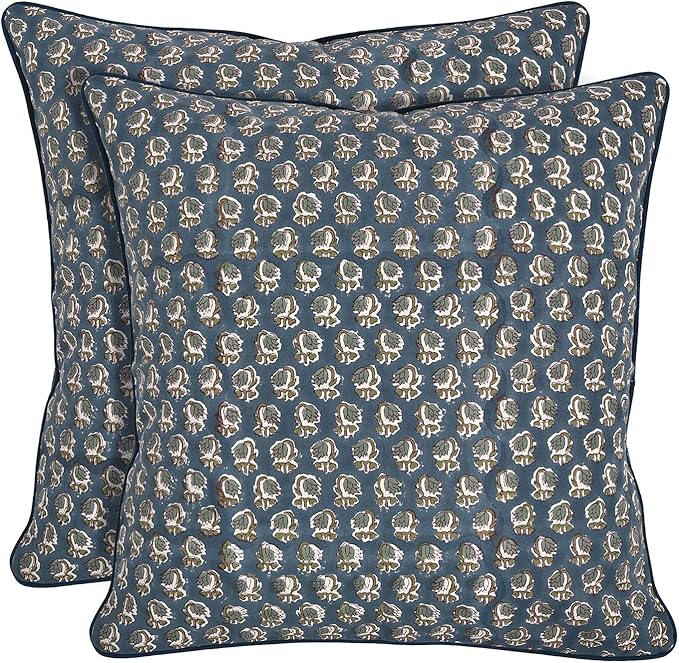 Ridhi Block Print Peacock Blue Pillow Cover 24" x 24" (Pack of 2) Decorative Couch Pillows for Living Room, Farmhouse Chic Boho Cute Outdoor Pillows Covers Gifts for Spring, Mother's Day