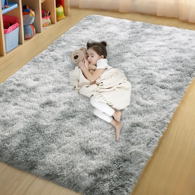 qulint 4x6 Rug for Bedroom, Fluffy Small Rug for Living Room, Tie-Dyed Grey | Fuzzy Plush Nursery Boy Room Rug, Shaggy Modern Carpet for Dorm Kid Room Classroom Home Decor