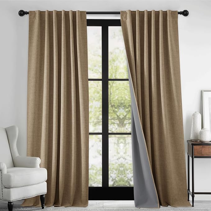 RYB HOME Polyester Textured 100% Blackout Curtains for Bedroom, Insulating Energy Saving Window Curtains for Living Room Dining Patio Sliding Glass Door, Wide 52 x Long 84 inch, Burlap, 2 Panels