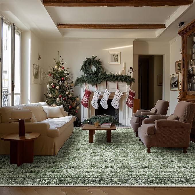 Washable Rugs for Living Room: 8x10 Area Rugs for Bedroom Ultra Soft Non-Slip Stain Resistant Vintage Boho Large Carpet for High-Traffic Dining Room - Farmhouse Decor