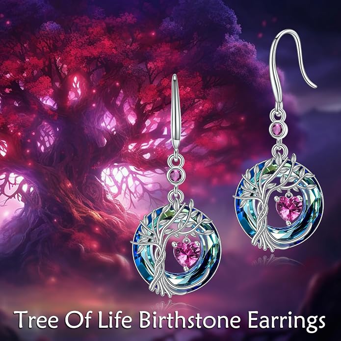 POPLYKE Tree of Life Birthstone Earrings 925 Sterling Silver Dainty Gemstone Birthstone Dangle Drop Earring with Crystal Fine Jewelry Birthday Gifts for Women Her