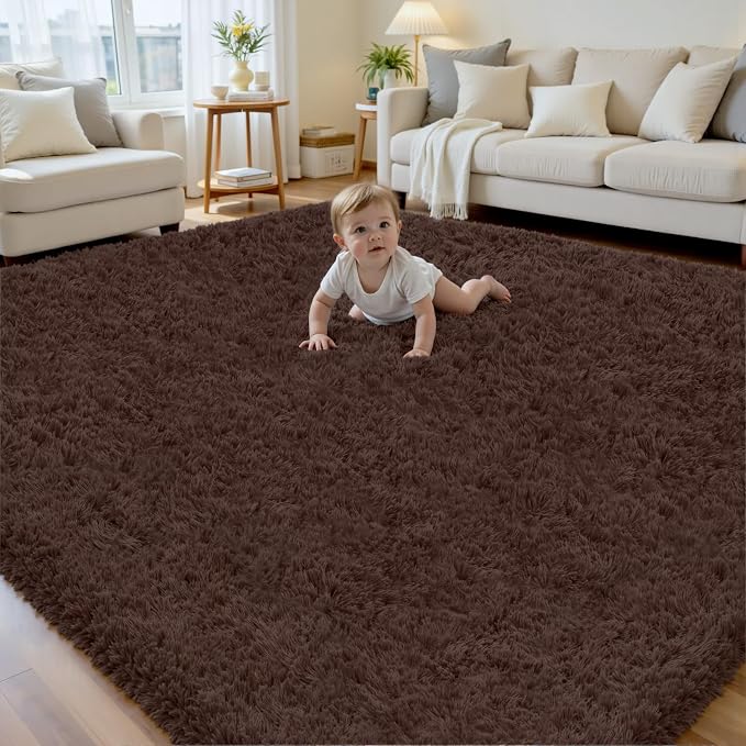 8x10 Area Rug for Living Room, Ultra Soft Fluffy Shag Rugs for Bedroom, Non-Slip Large Fuzzy Plush Rug Indoor Floor Carpet for Nursery Kids Office Dorm Modern Decor, Brown