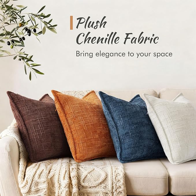 decorUhome Chenille Decorative Throw Pillow Covers 22x22 Set of 2,Brown | Soft Texture, Slubby Modern Design, Flange Edges, Cozy Accent Pillow Covers for Couch, Sofa, Bed, Living Room