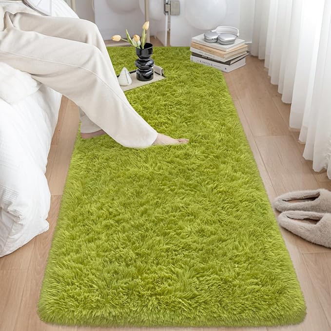 Soft Grass Green Fluffy Rug for Bedroom Living Room, 3x10 ft Fuzzy Green Shag Rug Runner Carpet for Hallways Entryway Nursery Bedside Kids Room Teen Dorm Home Decor Indoor