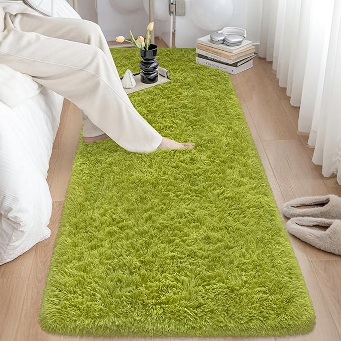 Soft Grass Green Fluffy Rug for Bedroom Living Room, 2x6 ft Fuzzy Green Shag Rug Runner Carpet for Hallways Entryway Nursery Bedside Kids Room Teen Dorm Home Decor Indoor