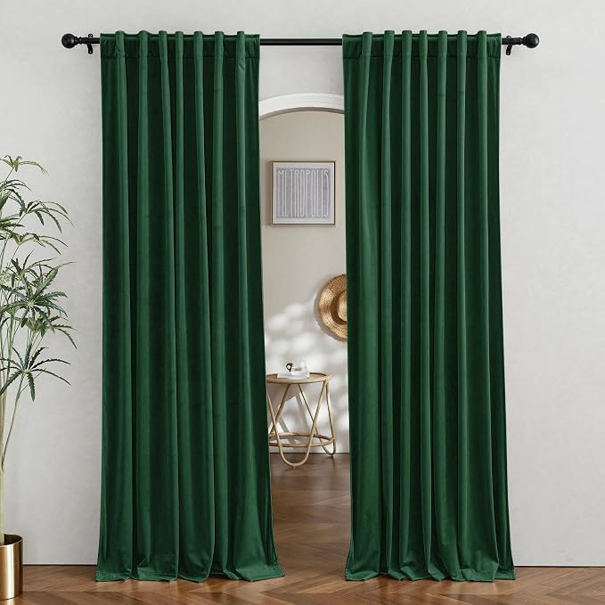 RYB HOME Hunter Green Velvet Curtains for Bedroom Living Room, Thermal Insulated Privacy UV Heat Blocking Luxurious Soft Rod Pocket Back Tab Drapes for Nursery, 42" W x 63" L, 2 Panels