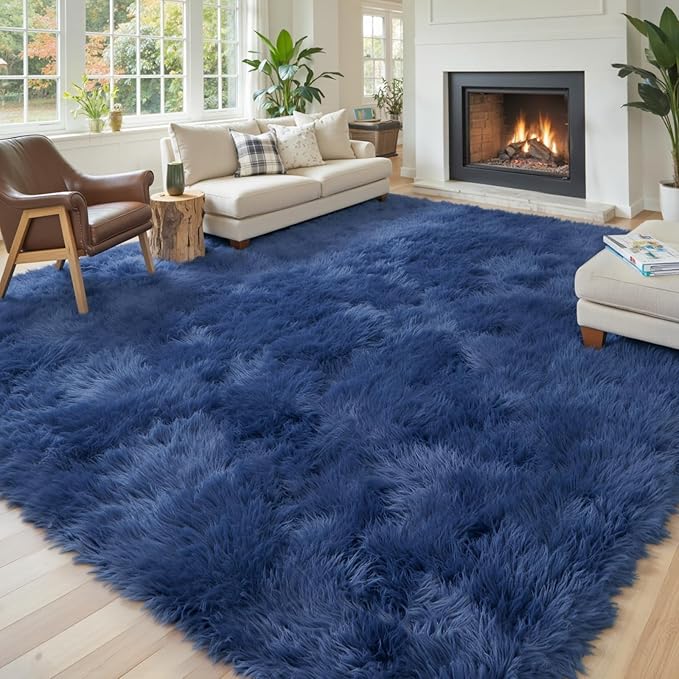 Area Rugs 9x12 Living Room, Large Area Rug Shaggy Carpet Soft Plush Furry Bedside Rug, Machine Washable Area Rugs for Bedroom Home Decor Non-Slip(9 x 12, Royal Blue)