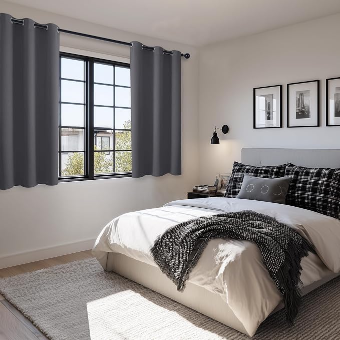 Hiasan Blackout Curtains for Bedroom - Thermal Insulated & Light Blocking Window Curtains for Living Room, 2 Drape Panels Sewn with Tiebacks, Dark Grey, 42 x 54 Inch