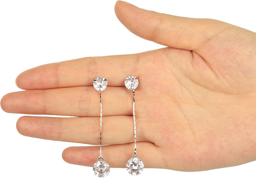 Crystal Linear Drop Earrings - Womens Sterling Silver Round Cubic Zirconia CZ Diamond Rhinestone Long Chain Dangle Earrings Bridal Drop Earrings for Wedding Bride Bridesmaids