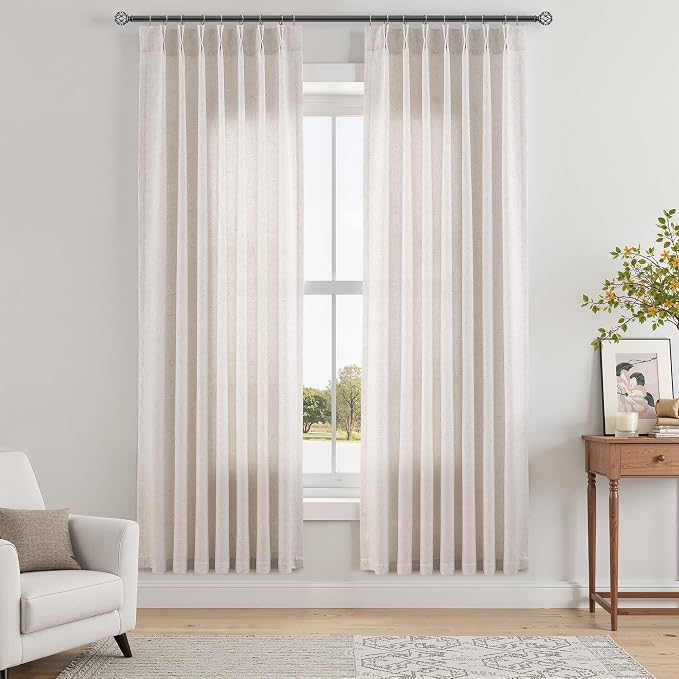 Aersas Cream Linen Pinch Pleated Curtains 72 Inches Long for Living Room Farmhouse Light Filtering Curtain Semi Sheer Modern Window Treatments with Hooks Back Tab for Laundry Room Bedroom 40x72