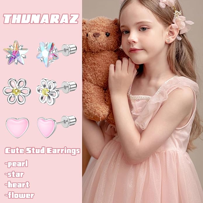 THUNARAZ Hypoallergenic Earrings for Girls Women Surgical Stainless Steel Earrings Set for Sensitive Ears Screw Back Stud Earrings Kids Toddler Cute Heart Hoop Earrings Jewelry Gift for Teen Girls