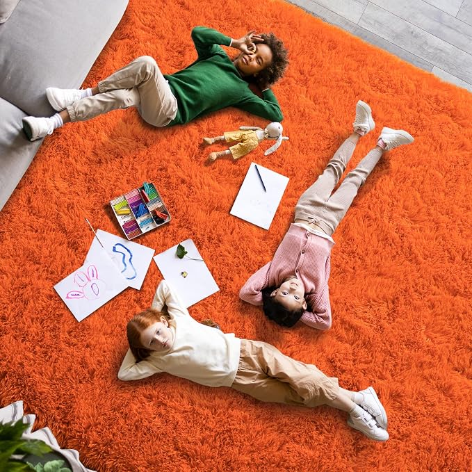 Dssimo Orange Rug for Bedroom Living Room, 9x12 Soft Shaggy Area Rugs | Large Plush Fluffy Upgrade Non-Slip Burnt Orange Rug for Nursery Kids Room Dorm Room Home Decor, Indoor Plush Floor Carpet