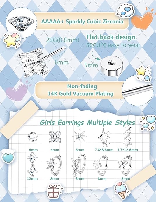 SAILIMUE Hypoallergenic Flat Back Earrings for Girls Women - Cute Toddler Kids Earrings Set Surgical Stainless Steel Earring for Sensitive Ears Small 14K Gold Plated Stud Hoop Earring Stacks