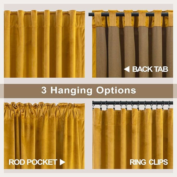 Halloween Warm Gold Velvet Curtains 72 Inch Length for Bedroom Living Room Darkening Drapes for Family Room Holiday Fete Back Loop Pocket Classic Privacy Panels for Summer Winter Mustard Yellow Golden