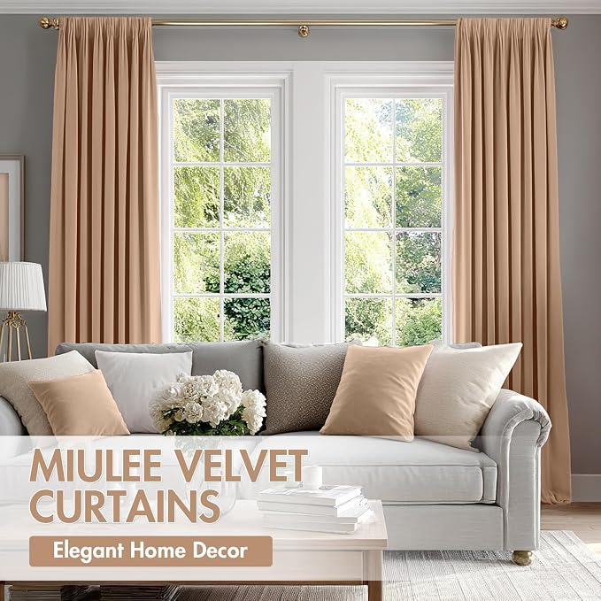 MIULEE Blush Beige Blackout Velvet Curtains Drapes 96 Inch Long 52"x96" | Luxurious Bedroom Living Room Decor, Room Darkening, Thermal Insulated, Rod Pocket Design, Super Soft Fabric