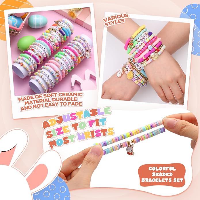 Equsion 100 Pcs Preppy Friendship Bracelets for Women Heishi Surfer Clay Stackable Bead Easter Boho Y2k Bracelets Gifts