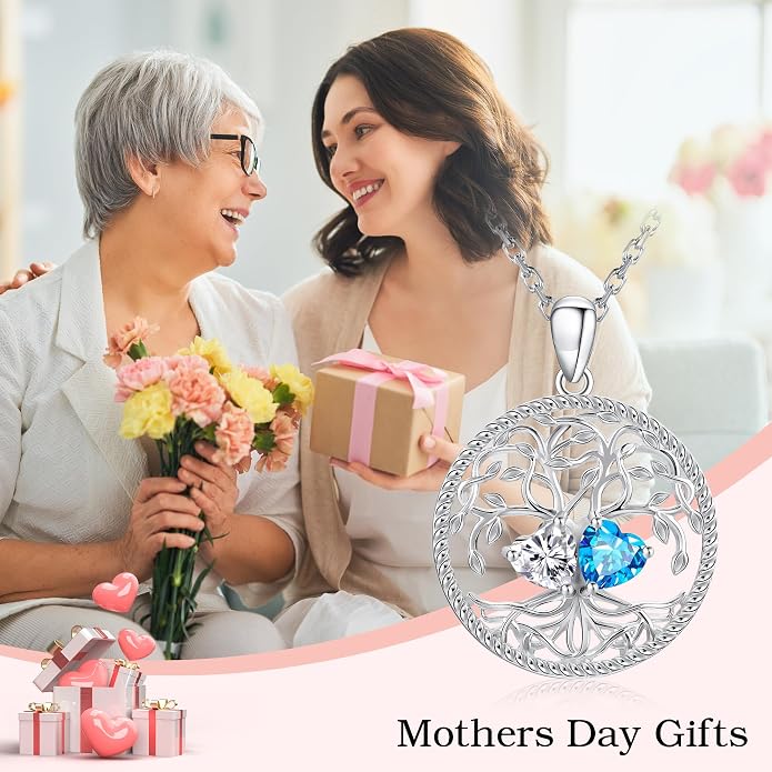 Mothers Day Gifts for Women，925 Sterling Silver Family Tree of Life Pendant Necklaces with 2 Heart Birthstone Jewelry Birthday Anniversary Christmas Gifts for Her Girlfriend Mom Wife Grandma Daughter