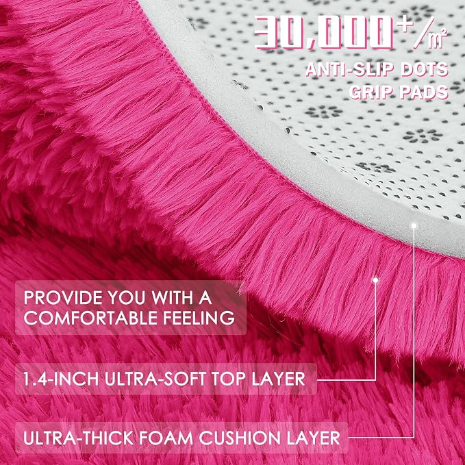 OLANLY Hot Pink Round Rugs for Bedroom - Machine Washable, 8 ft Circle Area Rugs for Living Room, Soft and Fluffy Shaggy Carpet for Teen Girls and Boys, Nursery Rooms, Dorms, Home Decor Aesthetic