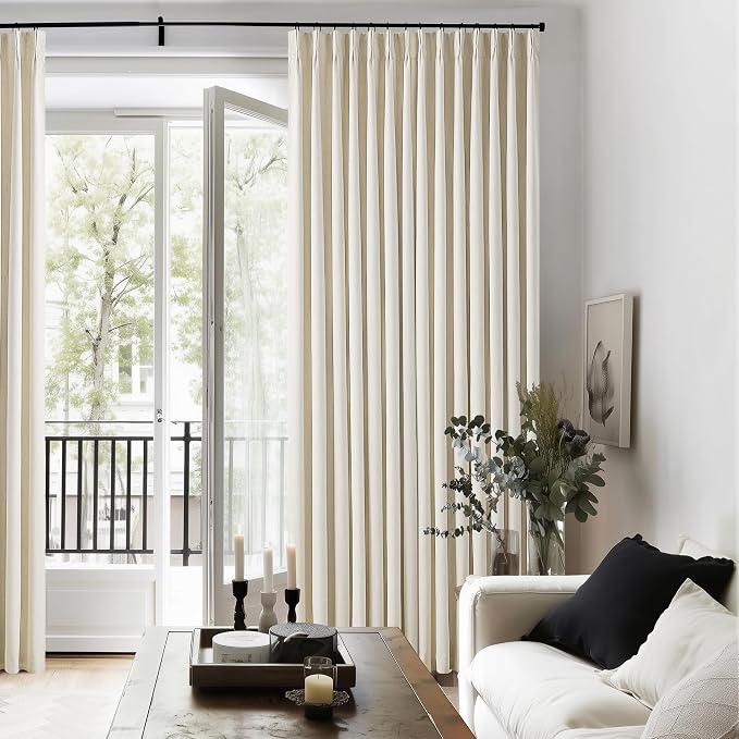 Pleated Cream Beige Linen Blackout Curtains for Bedroom 90 Inch Length | Pinch Pleat for Track System, Back Tab, 100% Black Out Room Darkening Thermal Insulated, Neutral Farmhouse, for Living Room