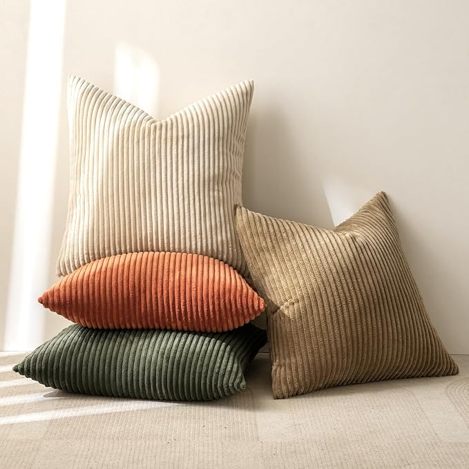 MIULEE Pack of 4 Rust-Olive Green Corduroy Decorative Throw Pillow Covers 16x16 Inch Soft Boho Striped Pillow Covers Modern Farmhouse Fall Home Decor for Winter Sofa Living Room Couch Bed