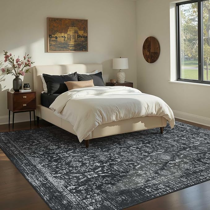Rugxara Black Rug 6x9 Area Rugs Washable Rug for Living Room Dining Bedroom | Non Slip, Rug for Office Farmhouse Kids Room, Stain Resistant, Soft, Low Pile, Vintage Boho Floral Retro Carpet, Home Decor