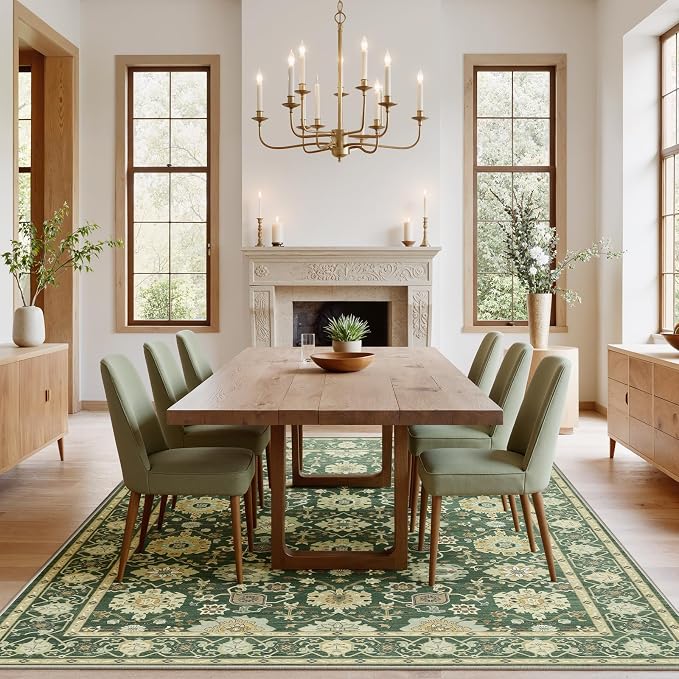 AMADA HOMEFURNISHING 6x9 Area Rug for Living Room, Vintage Washable Area Rug Low-Pile & Non-Slip Carpet for Bedroom Dining Room Nursery Home Office, Olive Green