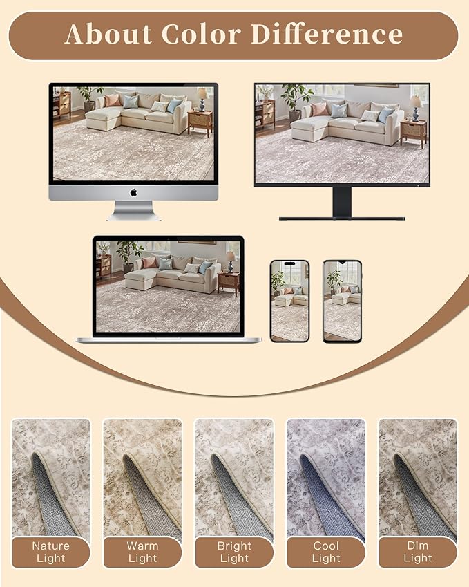 Madane Washable Runner Rug 2x5 with Non-Slip Rubber Backing, Vintage Kitchen Hallway Rug Soft Low Pile Throw Carpet Runner for Entryway Laundry Bathroom Bedroom Living Room (2 x 5, Brown/Sand)