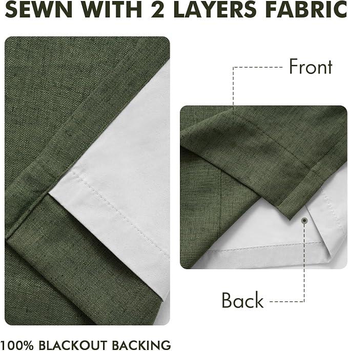 MIULEE Olive Green Pinch Pleated 100% Blackout Linen Curtains for Bedroom, Room Darkening Memory Trained Dark Green Window Curtains 84 inches Long for Living Room, Black Out Pleat Drapes, 2 Panels