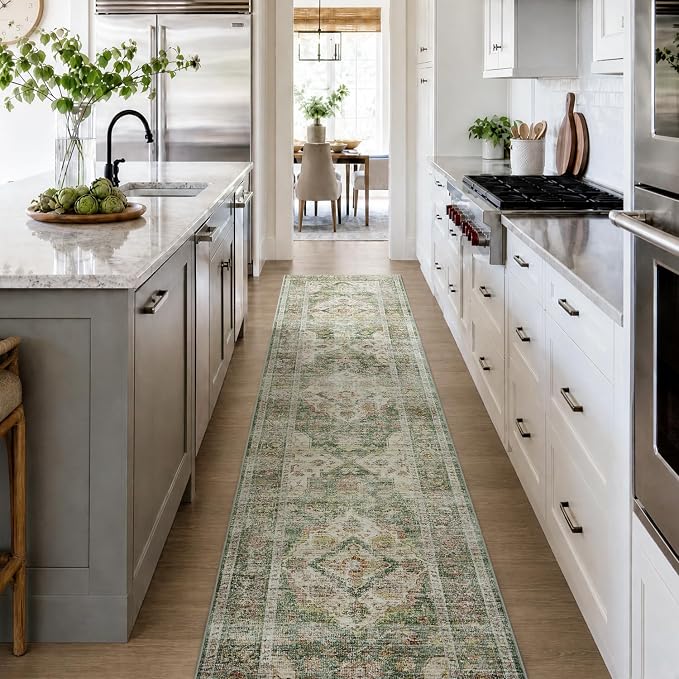 AMOAMI-2X10 Runner Rug-Washable Runners for Hallways-Soft Non Slip Bedside Rugs for Bedroom-Vintage Long Rug for Hallways Entryway Laundry Room Stair Kitchen Bathroom Green