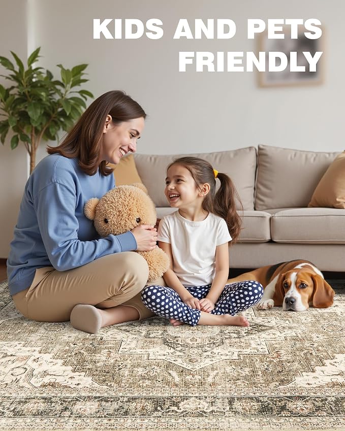Roxstand 9x12 Washable Area Rug, Vintage Non Slip Rugs, Brown/Beige | Soft Low Pile Design, Stain Resistant,Pet & Kid Friendly,Carpet for Living Room, Bedroom, Dining Room and Office Decor