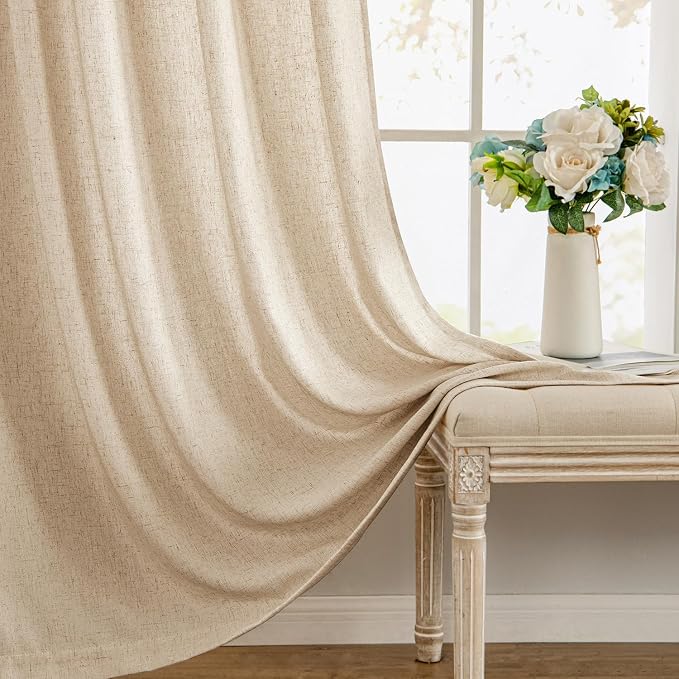 MIULEE Non-See-Through Privacy Linen Curtains 52W x 84L Inch Light Brown | 2 Panels, Light Filtering, Semi Sheer Window Curtains, Farmhouse Textured, Back Tab Drapes for Bedroom Living Room