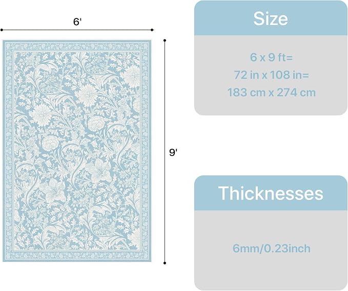 Bavni Vintage Floral Rugs 6x9, Washable Area Rug with Non Slip Backing, Low Pile for Living Room,Nursery,Bedroom & Home Decor, Lightweight Carpet, Light Blue