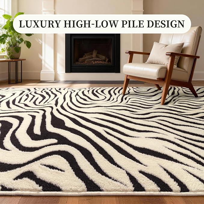 YIHOUSE 8×10 Ft Area Rugs for Living Room: Modern Washable Rug - Abstract Black and Cream White Rug for Bedroom Dining Room Office Playroom Nursery Home Decor - Nonslip Non-Shedding Striped Rugs