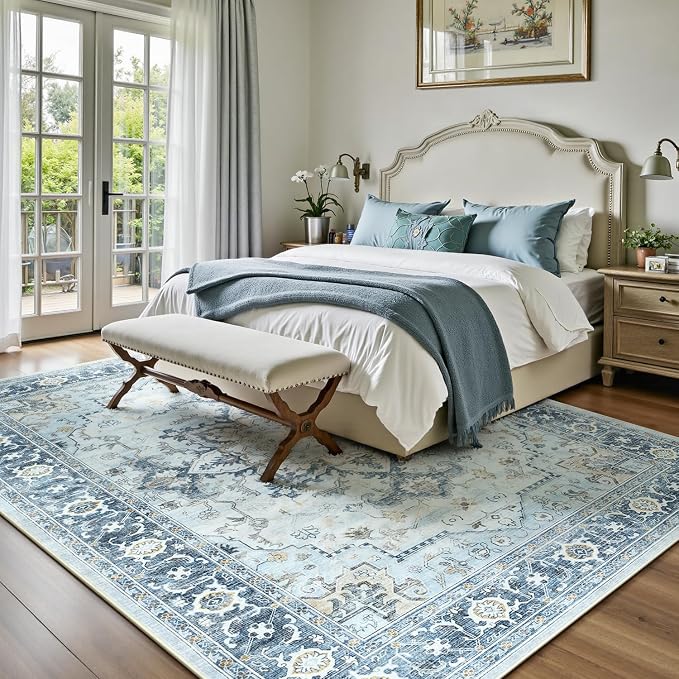 Lofus 9x12 Area Rugs for Living Room, Machine Washable Non-Slip Area Rug, Low Pile Large Rugs for Bedroom, Kitchen, Dining Room, Home Office, Vintage Oriental Print Rug, Blue Gold
