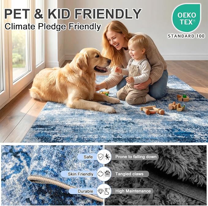 Washable Area Rug, Low Pile, Pet & Kid Friendly, 6'x9', Navy Blue | Water & Stain Resistant, Non-Slip Silicone Backing, 100% Cotton-Backed, Foldable, Modern Urban Luxury, For Living Room