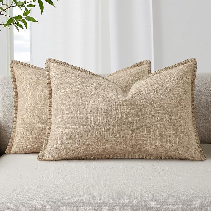 decorUhome Taupe Faux Linen Outdoor Throw Pillow Covers 12x20 Set of 2 | Fall Decorative Textured Neutral Modern Farmhouse Pillow Covers with Stitched Edge for Couch Sofa Bed Living Room